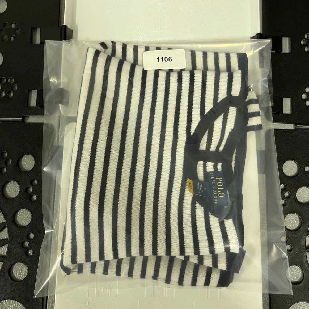 Polo Ralph Lauren Knit Top Girls Size 6 Navy Blue Stripes Ruffle Shoulder Shirt